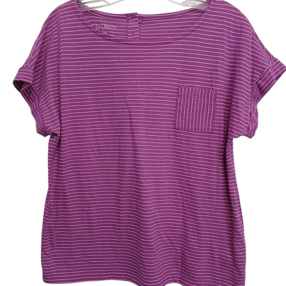 Talbots Purple Striped Short Sleeve Tee Casual Nautical Preppy Buttons
